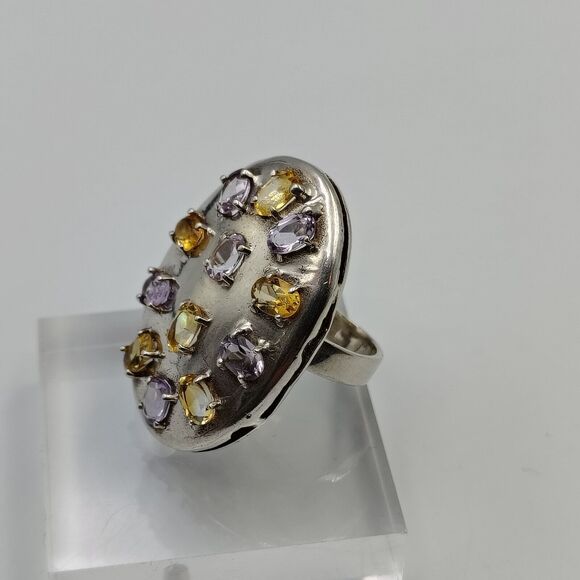 Sterling Silver 925 Amethyst Citrine Statement Oval Shield Shape Ring Sz 8 - Picture 8 of 16